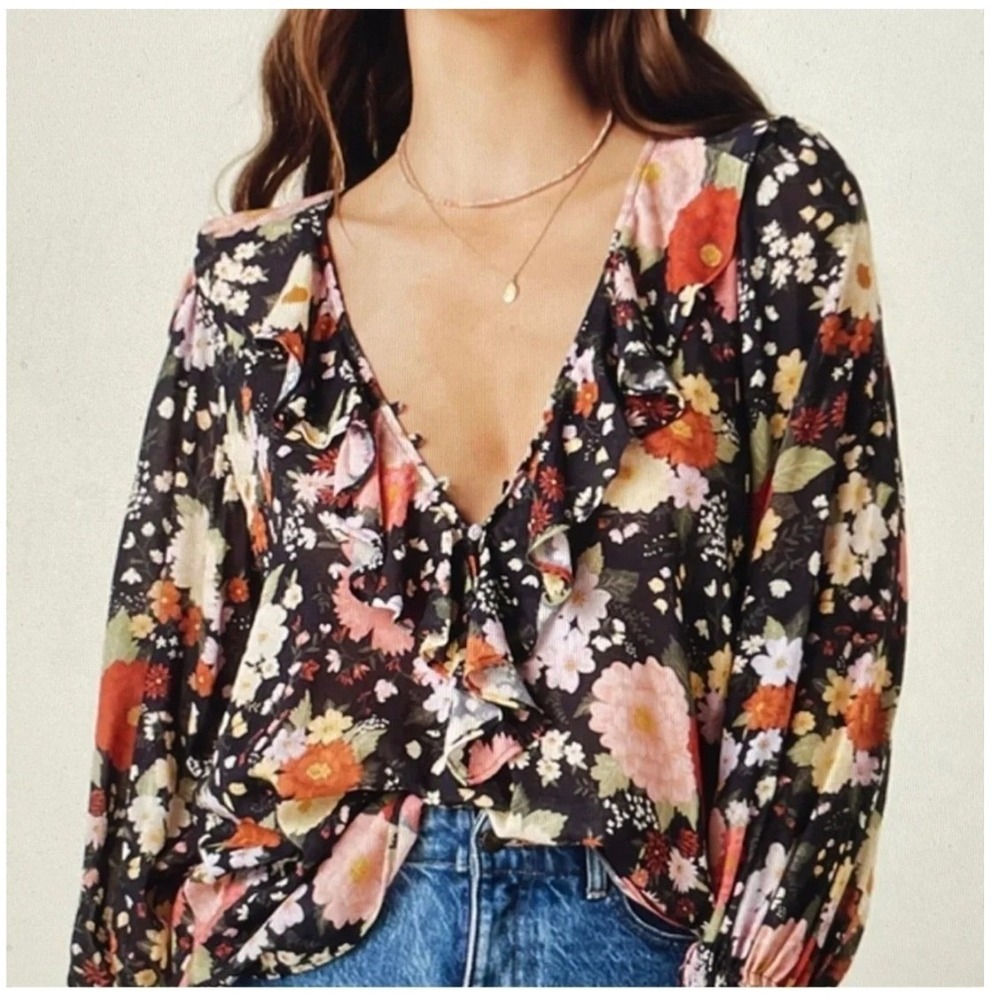 Spell Sangria Blouse Women XS Nightshade Dark Floral Ruffle V-Neck Long Sleeve